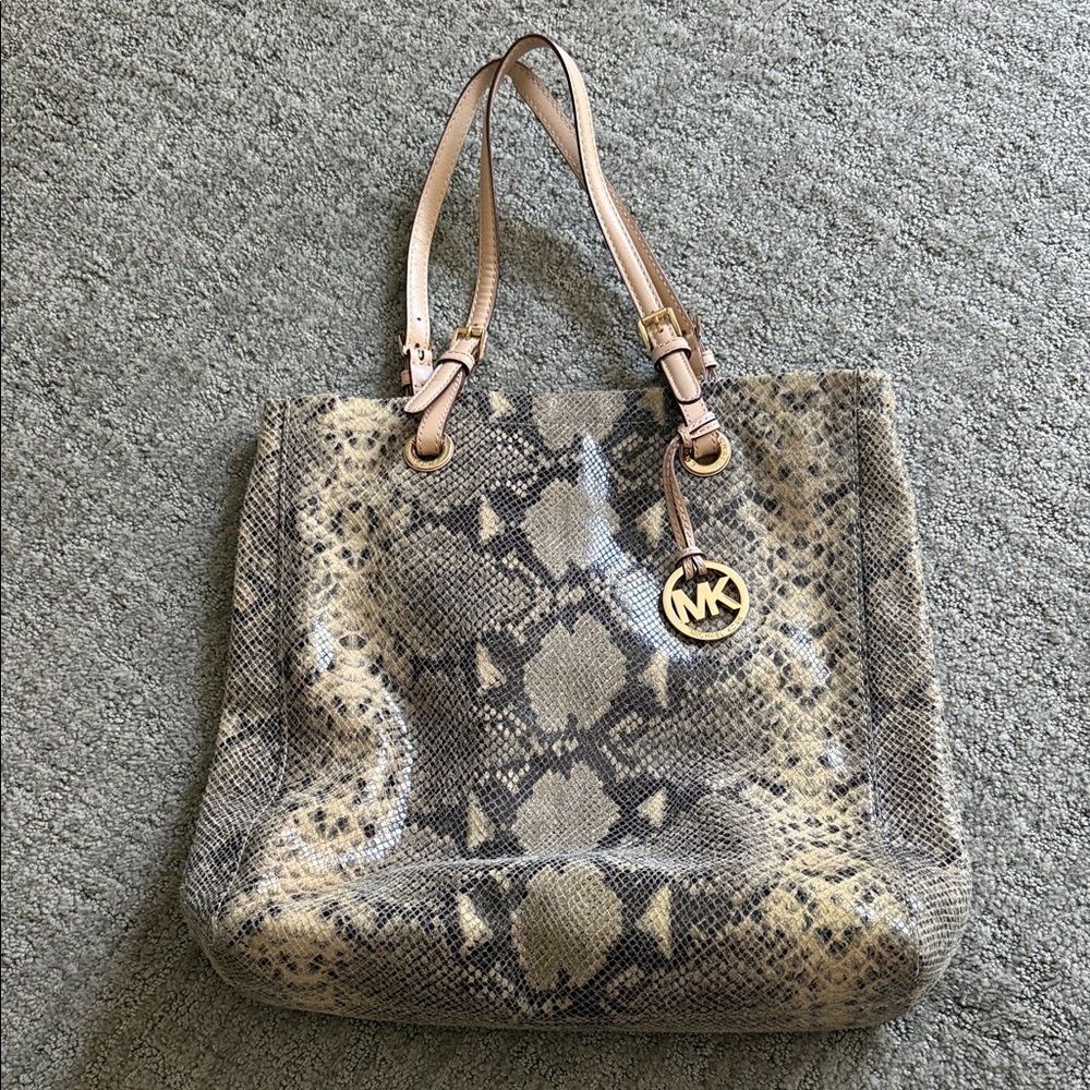 Michael Kors Snake-Print Tote in Beige and Black with MK Charm